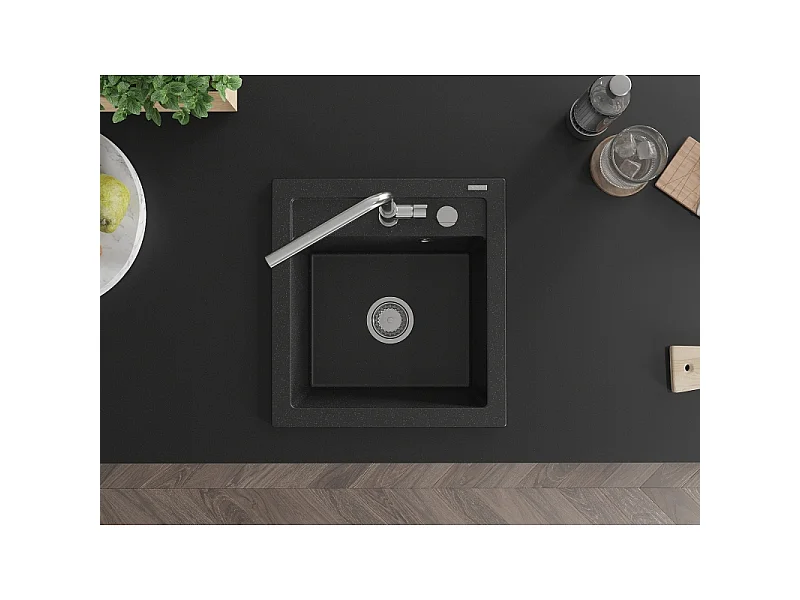 Mexen Vito 1-bowl granite sink with Flora kitchen tap, black/silver metallic - 6503-73-670401-00