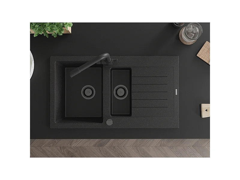 Mexen Matias fregadero de granito de 1,5 cubetas con escurridor y grifo de cocina Duero, negro/plata - 6502-73-671600-70-B