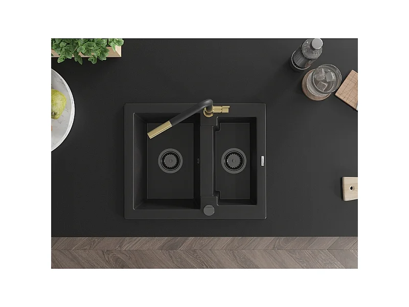 Mexen Carlos 1.5-bowl granite sink with Flora kitchen tap, black - 6518-77-670401-57-B