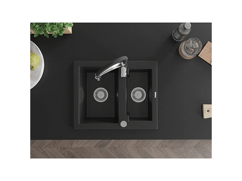 Mexen Carlos granite sink 1.5-bowl with Aster kitchen tap, black - 6518-77-73450-07