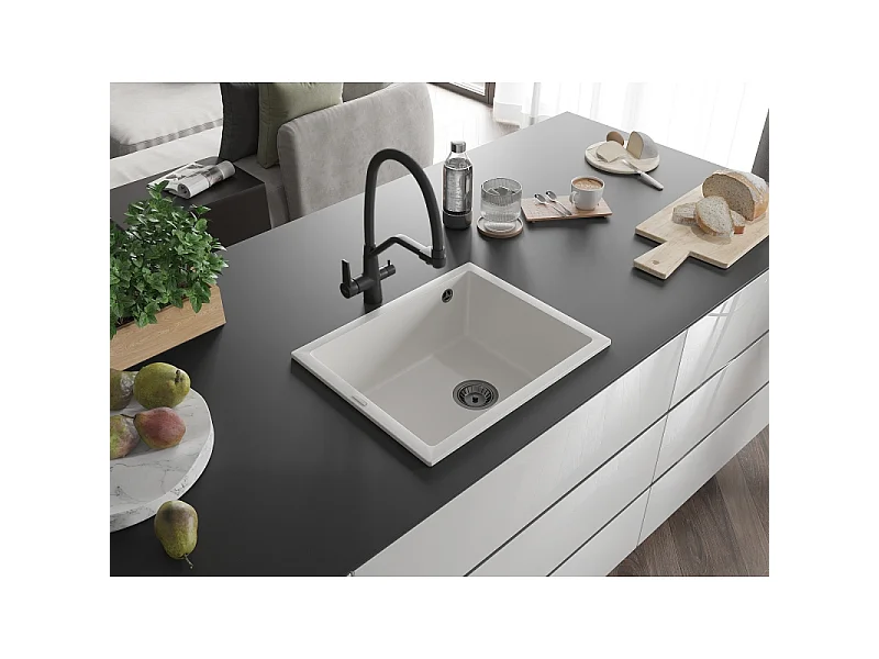 Mexen Pedro évier en granit 1 bac 560 x 460 mm, blanc, siphon noir - 6508561000-20-B