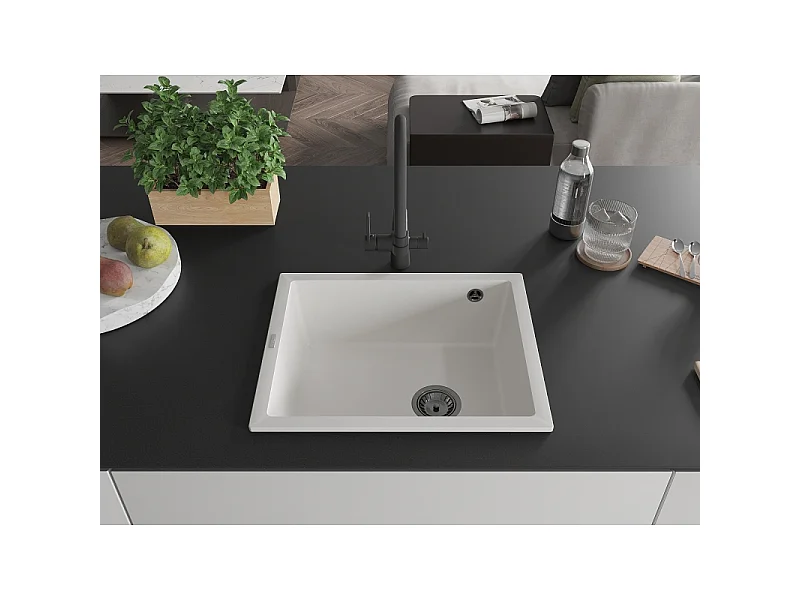 Mexen Pedro évier en granit 1 bac 560 x 460 mm, blanc, siphon noir - 6508561000-20-B