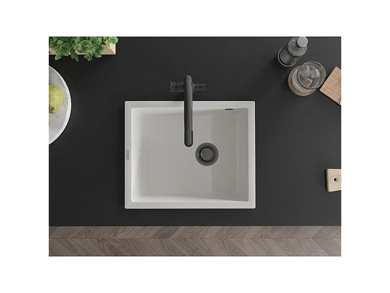 Mexen Pedro évier en granit 1 bac 560 x 460 mm, blanc, siphon noir - 6508561000-20-B
