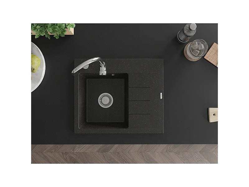 Mexen Ben Évier en granit 1 bac avec égouttoir, gauche 600 x 500 mm, noir/métallique doré, siphon chromé - 6522605000-75
