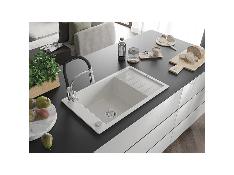 Mexen Elias fregadero de granito de 1 compartimento con escurridor y grifo de cocina Aster, blanco - 6511-20-73450-07