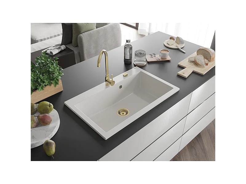 Mexen Elix lava-loiça de granito 1-cuba 800 x 500 mm, branco, sifão dourado - 6527801005-20-G