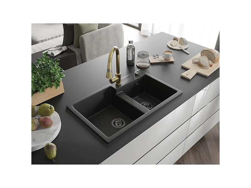 Mexen Tomas granite double sink with Elia kitchen tap, black - 6516-77-670101-50-B