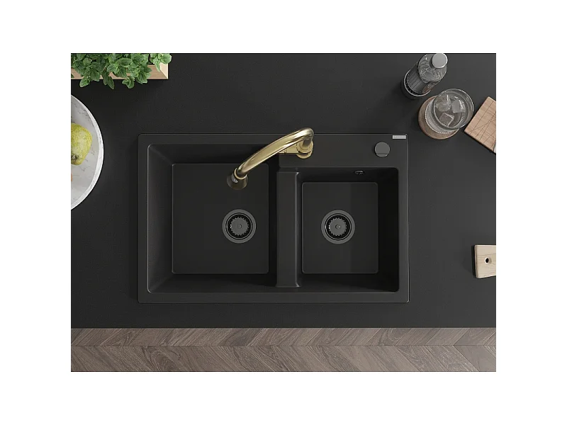 Mexen Tomas granite double sink with Elia kitchen tap, black - 6516-77-670101-50-B
