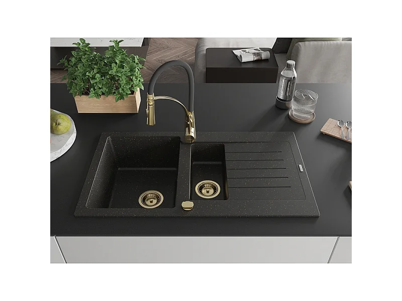 Mexen Matias granitisk køkkenvask 1,5-kammer med afløbsbakke og køkkenarmatur Aster, sort/guld metallic - 6502-75-73450-57-G