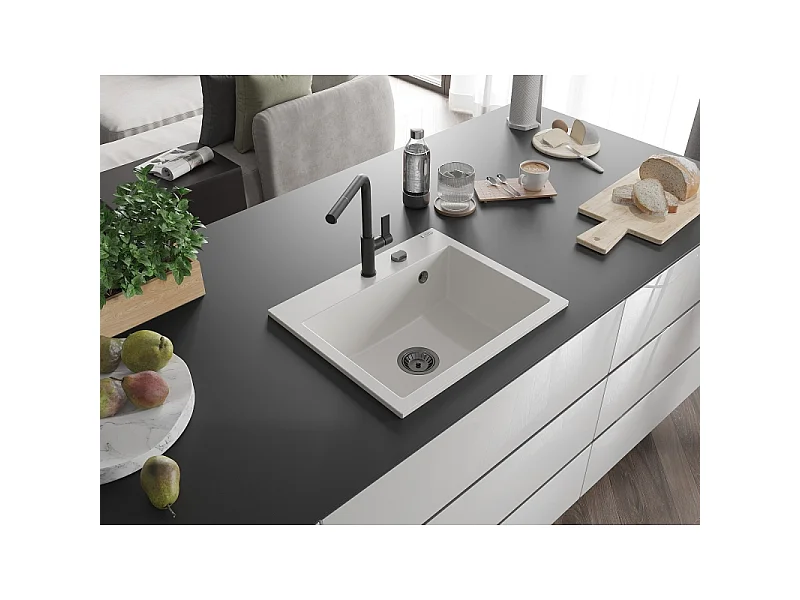 Mexen Oscar granieten spoelbak 1-kompartement 580 x 490 mm, wit, zwarte sifon - 6519581000-20-B