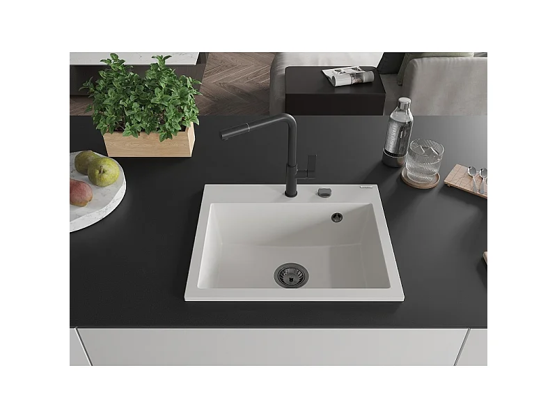 Mexen Oscar granieten spoelbak 1-kompartement 580 x 490 mm, wit, zwarte sifon - 6519581000-20-B