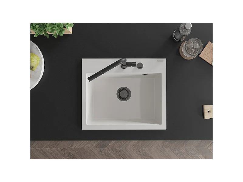 Mexen Oscar granieten spoelbak 1-kompartement 580 x 490 mm, wit, zwarte sifon - 6519581000-20-B