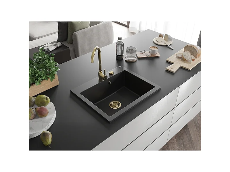 Mexen Elix lava-louça de granito de 1 cuba 600 x 500 mm, preto, sifão dourado - 6525601005-77-G
