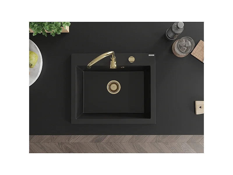Mexen Elix lava-louça de granito de 1 cuba 600 x 500 mm, preto, sifão dourado - 6525601005-77-G