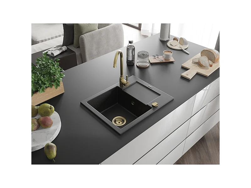 Mexen Enzo fregadero de granito de 1 seno con escurridor y grifo de cocina Telma, negro/plateado - 6506-73-670200-50