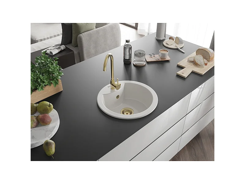 Mexen Diego lavello in granito 1-vasca 488 x 480 mm, bianco, sifone dorato - 6512481000-20-G