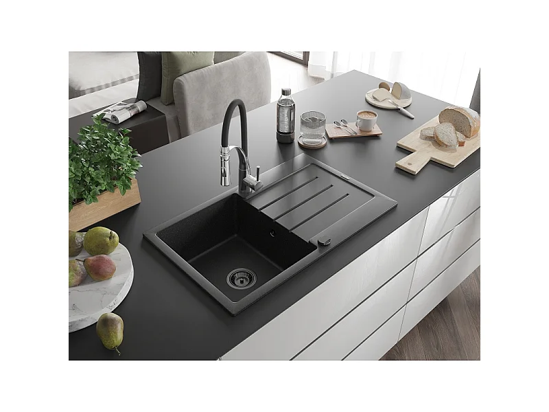 Mexen Bruno fregadero de granito de 1 compartimento con escurridor y grifo de cocina Aster, negro/plateado metálico