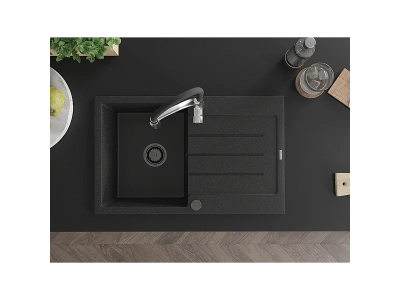 Mexen Bruno fregadero de granito de 1 compartimento con escurridor y grifo de cocina Aster, negro/plateado metálico