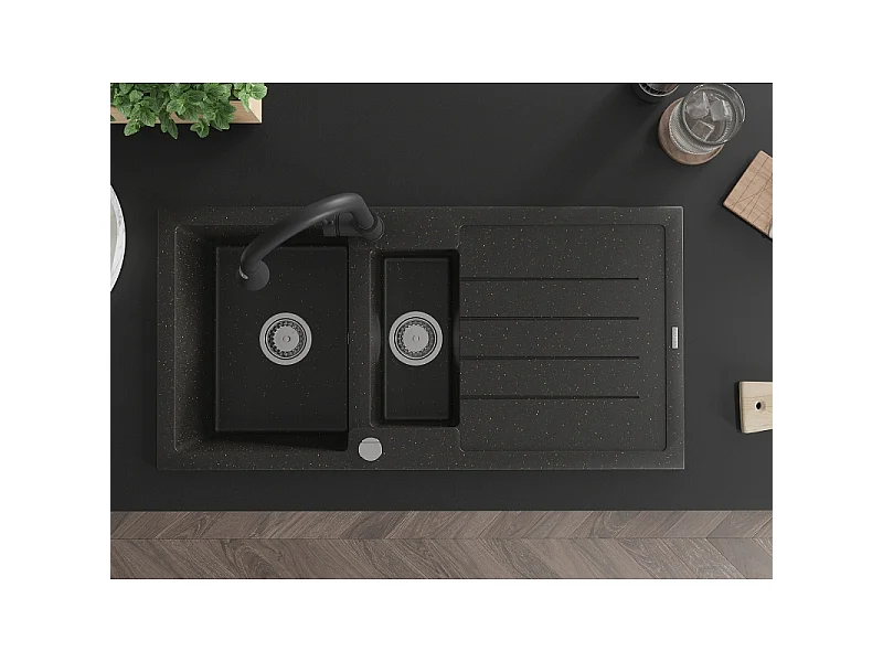 Mexen Andres Granitspüle 1,5-beckig mit Abtropffläche und Küchenarmatur Elia, schwarz/gold metallic - 6515-75-670101-70
