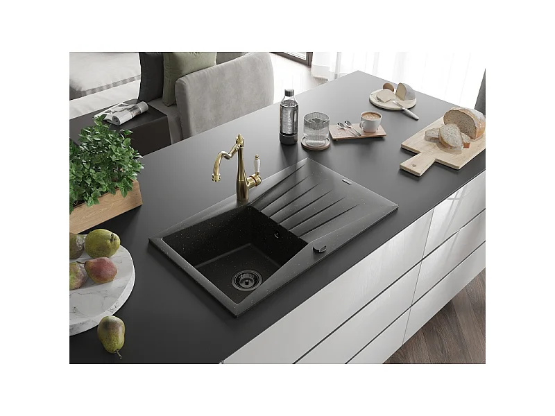 Mexen Cesar single-bowl granite sink with drainer and Carla kitchen tap, black/gold metallic - 6514-75-670700-50-B