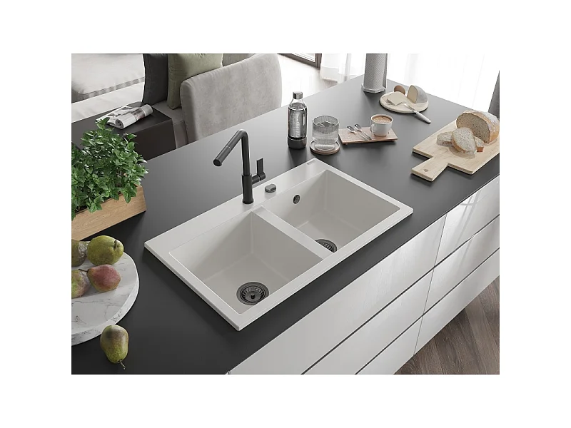 Mexen Hektor évier en granit 2 bacs 800 x 480 mm, blanc, siphon noir - 6521802000-20-B