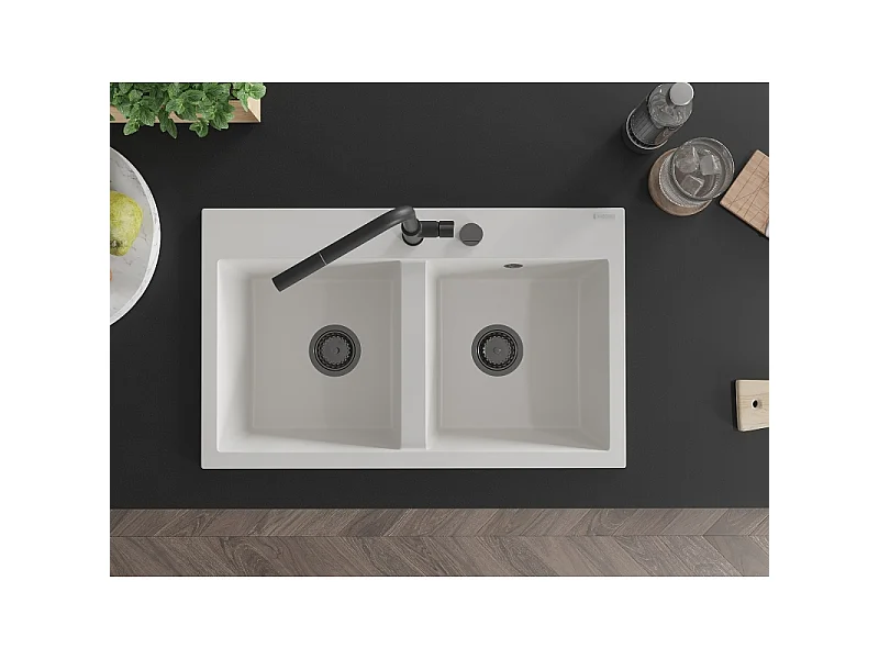 Mexen Hektor évier en granit 2 bacs 800 x 480 mm, blanc, siphon noir - 6521802000-20-B