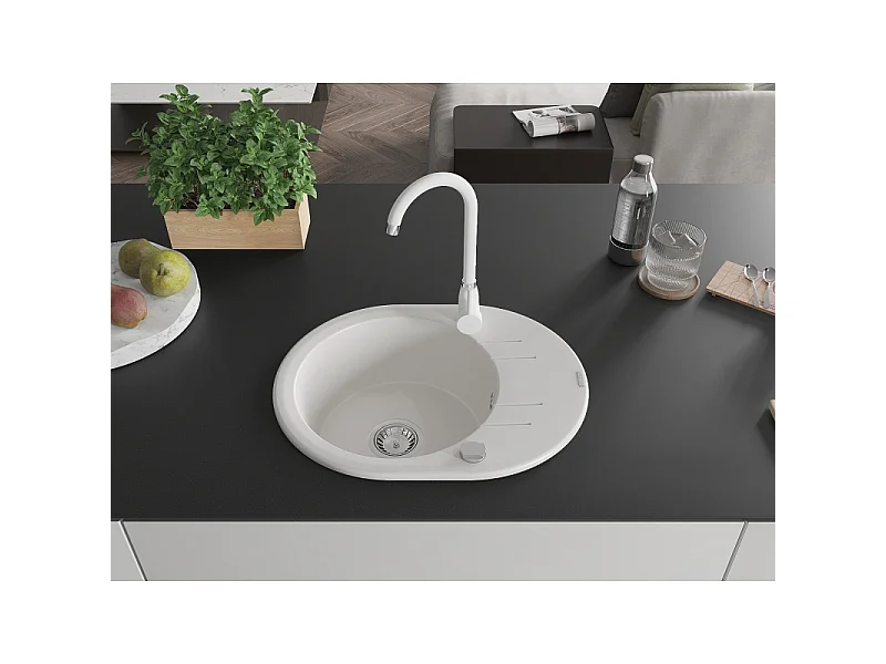 Mexen Kevin 1-bowl granite sink with drainer and Telma kitchen tap, white - 6517-20-670200-20