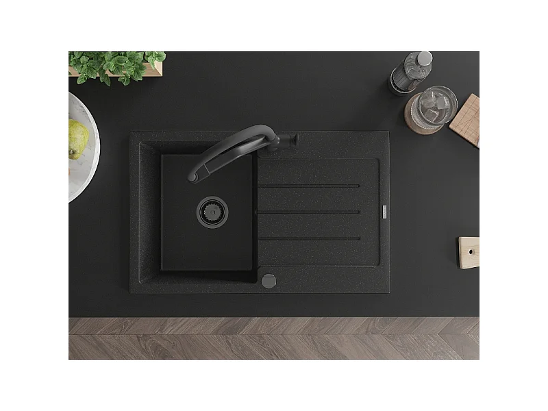 Mexen Bruno Granitspüle 1-becken mit Abtropffläche und Küchenarmatur Duo, schwarz/silber metallic - 6513-73-671701-70-B