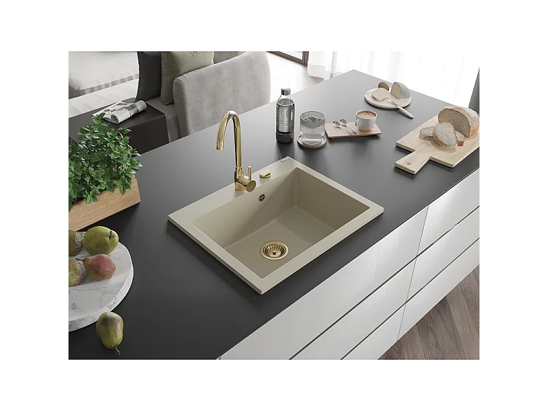 Mexen Elix granite sink single-bowl 600 x 500 mm, beige, gold siphon - 6525601005-69-G