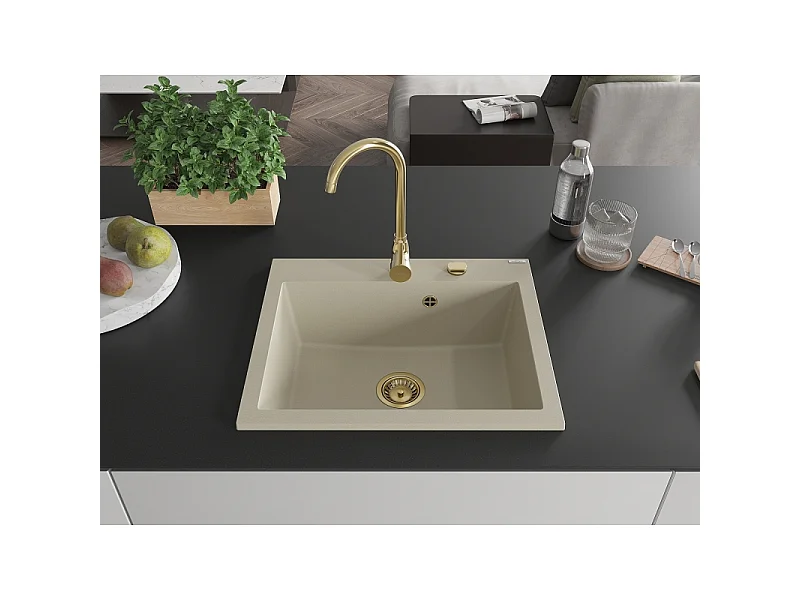 Mexen Elix granite sink single-bowl 600 x 500 mm, beige, gold siphon - 6525601005-69-G