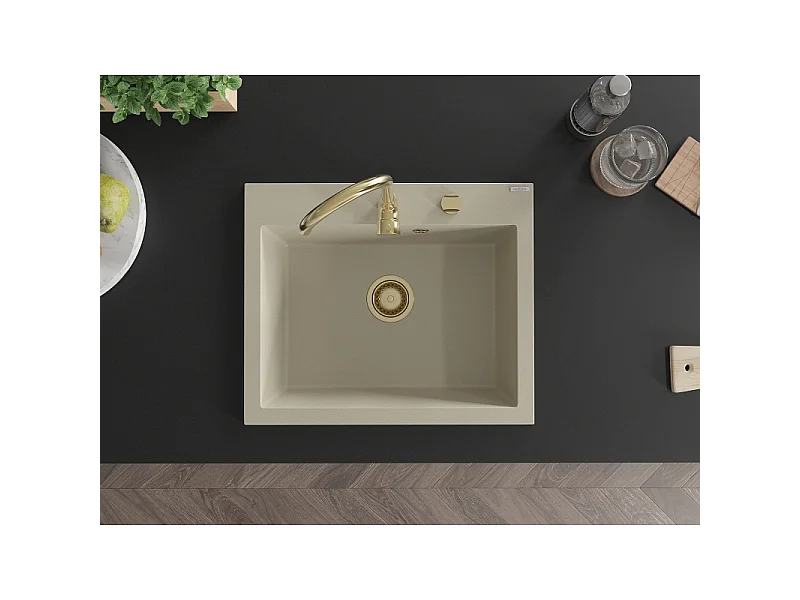 Mexen Elix granite sink single-bowl 600 x 500 mm, beige, gold siphon - 6525601005-69-G