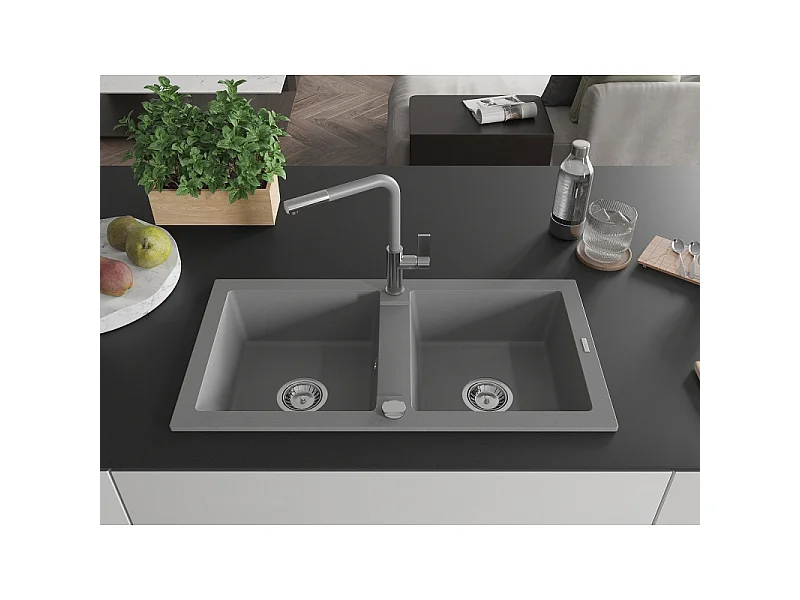 Mexen Mario granite sink 2-bowl with Flora kitchen tap, grey - 6504-71-670401-06