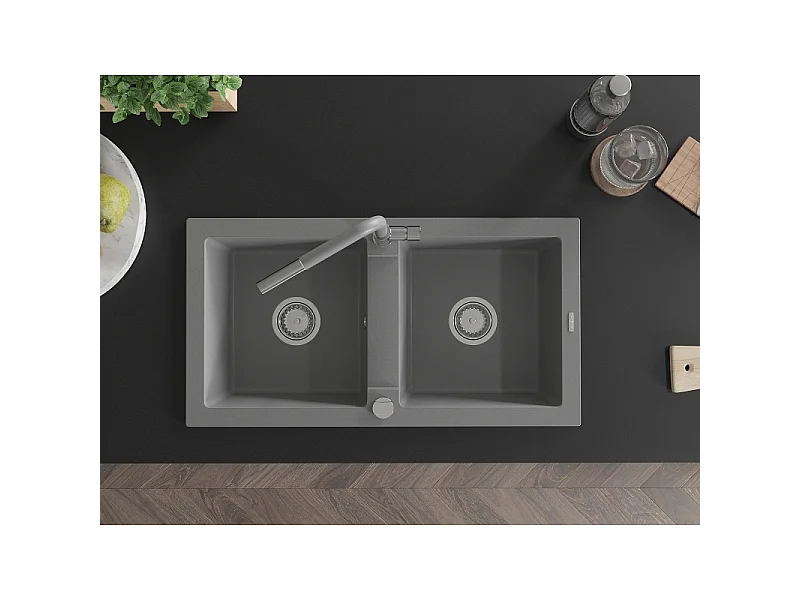 Mexen Mario granite sink 2-bowl with Flora kitchen tap, grey - 6504-71-670401-06