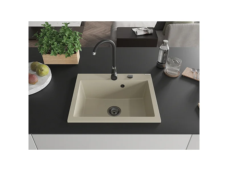 Mexen Elix granite sink 1-bowl 600 x 500 mm, beige, black siphon- 6525601005-69-B