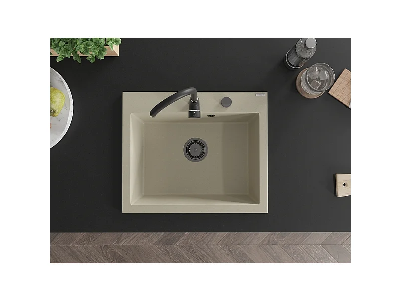 Mexen Elix granite sink 1-bowl 600 x 500 mm, beige, black siphon- 6525601005-69-B
