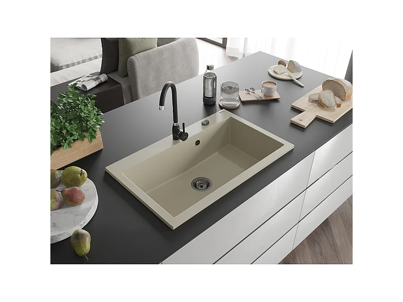 Mexen Elix granite sink 1-bowl 800 x 500 mm, beige, black siphon - 6527801005-69-B