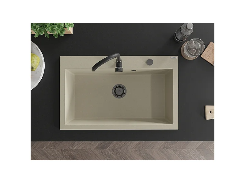 Mexen Elix granite sink 1-bowl 800 x 500 mm, beige, black siphon - 6527801005-69-B
