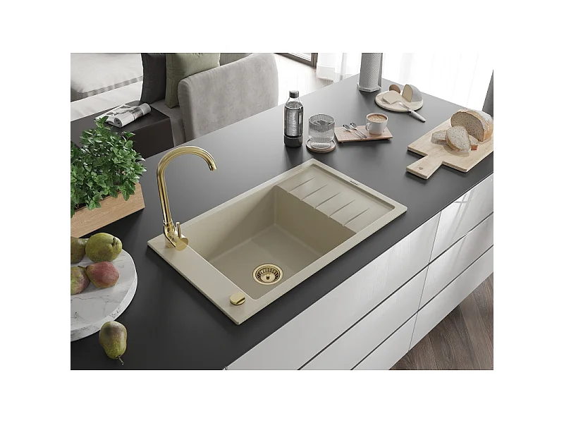 Mexen Elias lava-louça em granito com 1 bacia e escorredor 795 x 480 mm, bege, sifão dourado - 6511791005-69-G