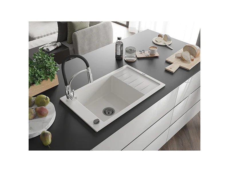 Mexen Elias fregadero de granito de 1 compartimento con escurridor y grifo de cocina Aster, blanco - 6511-20-73450-07-B
