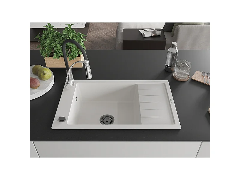 Mexen Elias fregadero de granito de 1 compartimento con escurridor y grifo de cocina Aster, blanco - 6511-20-73450-07-B