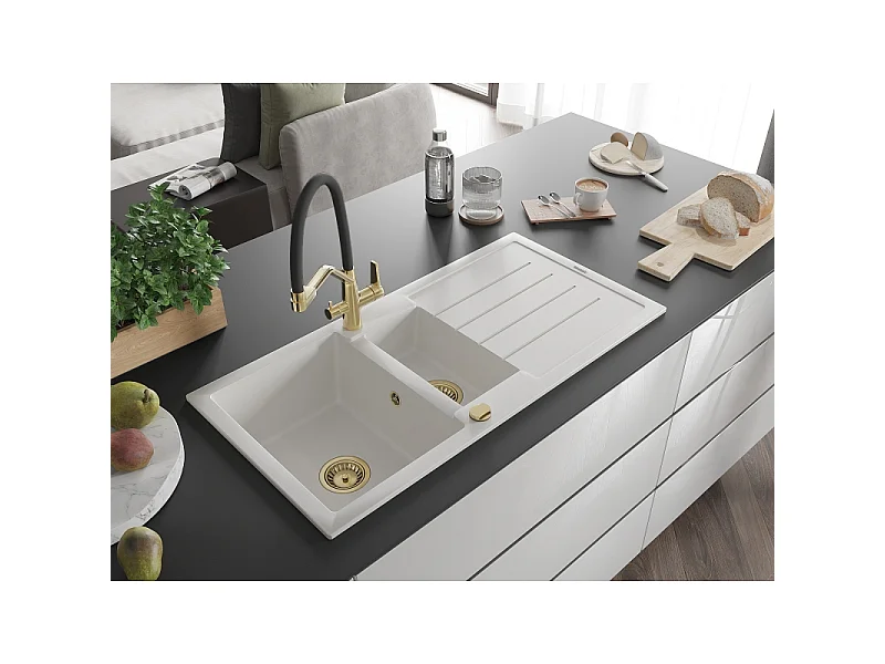 Mexen Andres lava-louça de granito 1,5 cubas com escorredor e torneira de cozinha Duo, branco - 6515-20-671701-57-G
