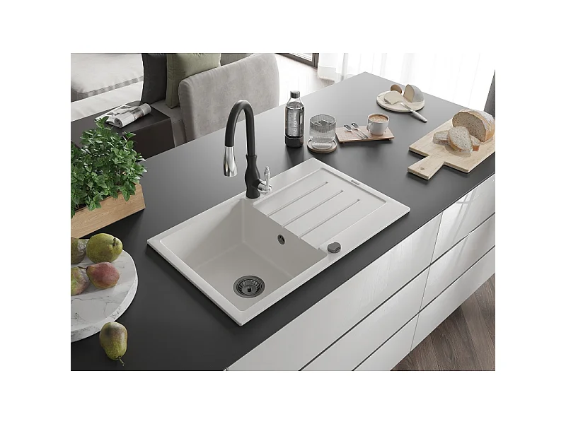 Mexen Bruno 1-bowl granite sink with drainer and Savita kitchen tap, white - 6513-20-672601-70