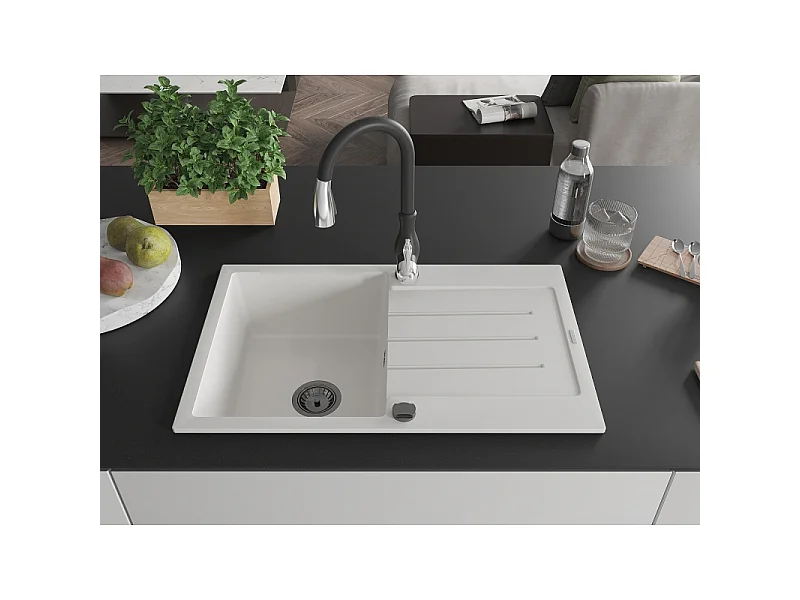 Mexen Bruno 1-bowl granite sink with drainer and Savita kitchen tap, white - 6513-20-672601-70