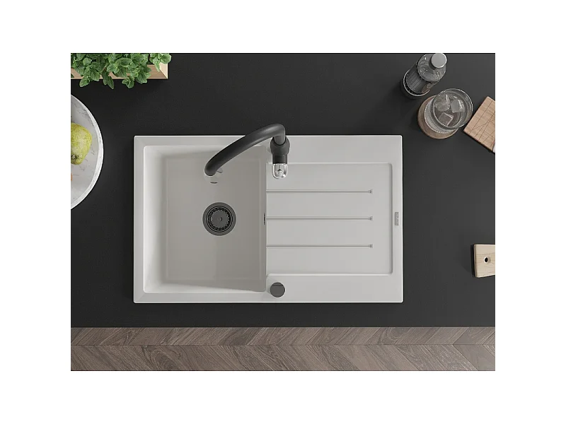 Mexen Bruno 1-bowl granite sink with drainer and Savita kitchen tap, white - 6513-20-672601-70