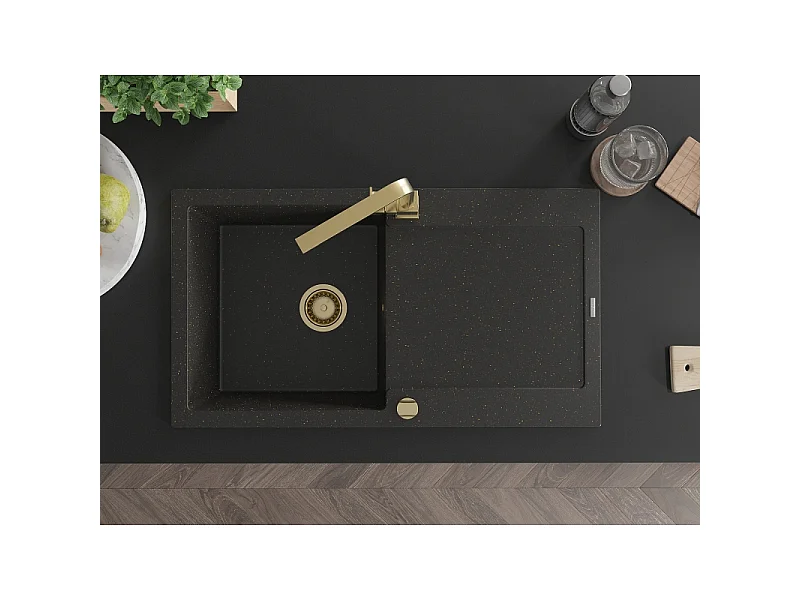 Mexen Leo Granite Kitchen Sink 1-bowl with Drainer and Rita Kitchen Tap, Black/Gold Metallic - 6501-75-670300-50