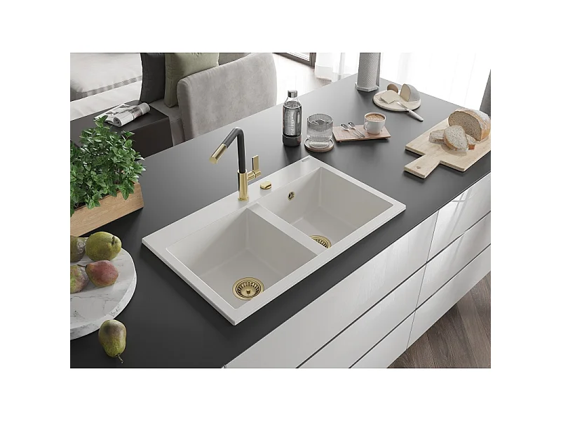 Mexen Hektor granieten gootsteen 2-kamer 800 x 480 mm, wit, gouden sifon - 6521802000-20-G