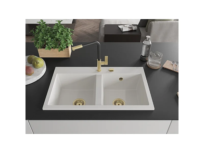 Mexen Hektor granieten gootsteen 2-kamer 800 x 480 mm, wit, gouden sifon - 6521802000-20-G