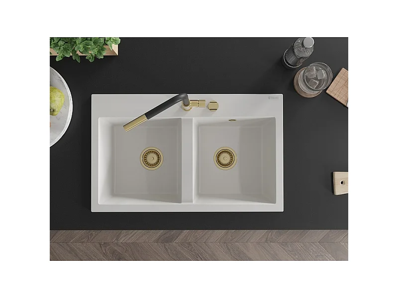 Mexen Hektor granieten gootsteen 2-kamer 800 x 480 mm, wit, gouden sifon - 6521802000-20-G