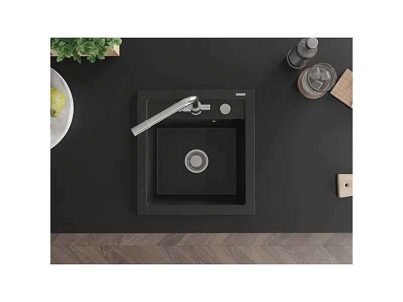 Mexen Vito granite sink 1-bowl with Duero kitchen tap, black/silver metallic - 6503-73-671600-00