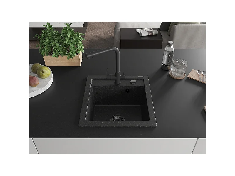 Mexen Vito 1-bowl granite sink with Duero kitchen tap, black/silver metallic - 6503-73-671600-70-B